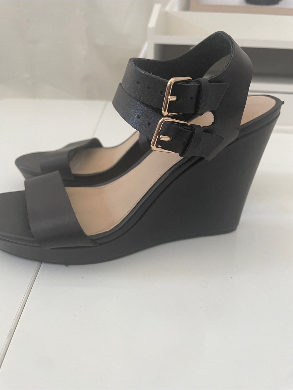 Forever 21 Black Wedge Sandals with Double Buckle. 8” length=size 5.5/6